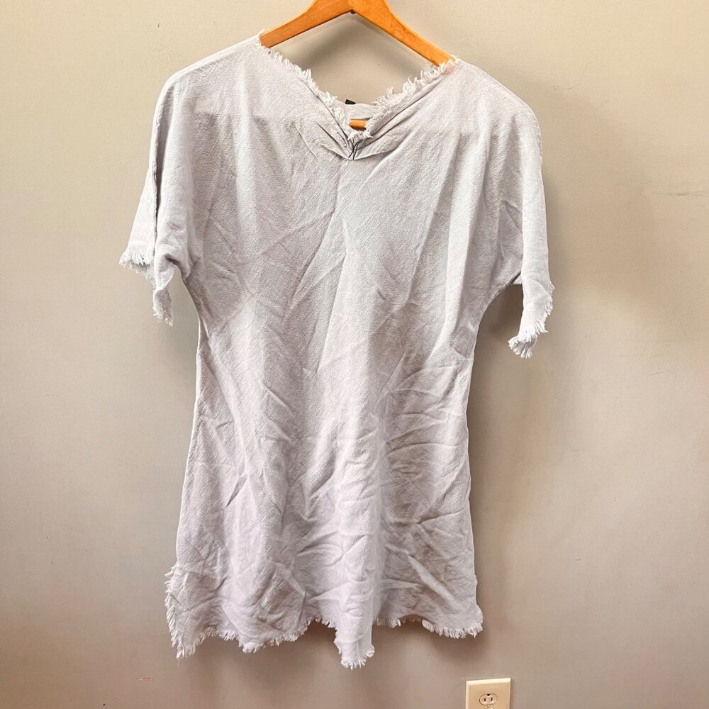 Cynthia Ashby Gray Frayed Hem Linen-Cotton Short-Sleeve Tunic Dress S‎